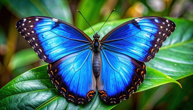 Vibrant blue morpho butterfly with black and white wing spots, tropical insect