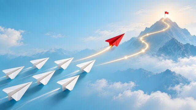Red paper airplane flying higher than white ones towards a mountain peak with flag representing leadership ambition and business success standing out from the crowd