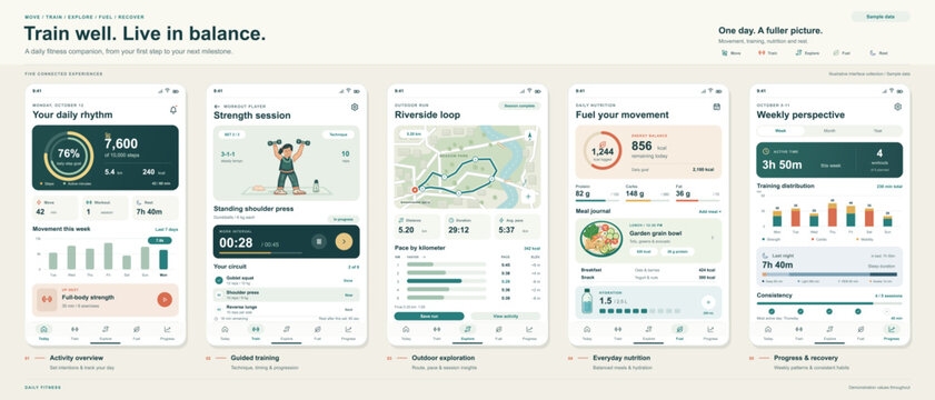 Five fitness app screens display daily step goals, a guided strength workout, a mapped riverside run, meal and hydration tracking, and weekly activity and sleep statistics.
