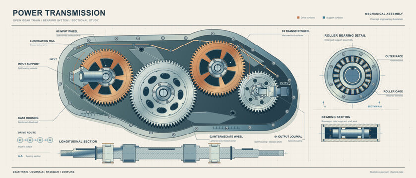 Technical cutaway illustration of a four-wheel power transmission gear train with shafts, a lubrication rail, cast housing, roller bearing detail, and longitudinal sectional views.