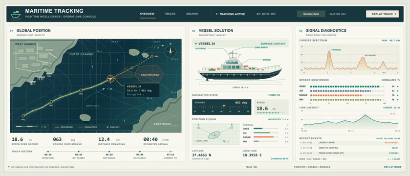 Maritime tracking dashboard showing a vessel route on a coastal navigation map, an annotated boat, heading and position readouts, carrier spectrum, sensor confidence, and link latency charts.