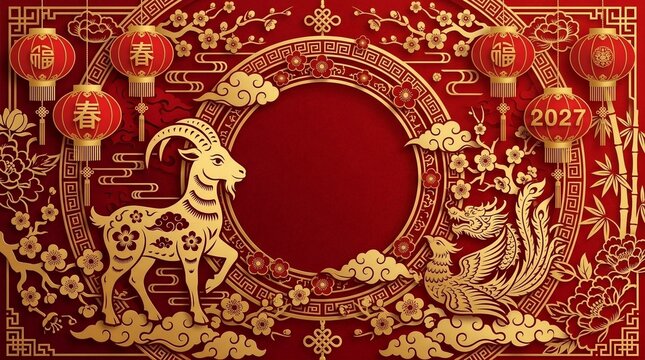 Chinese New Year 2027 Year of the Goat Banner with Copy Space