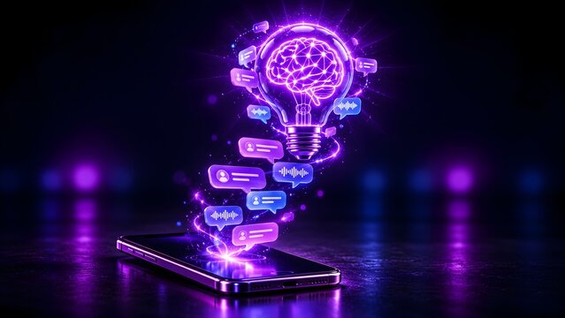 Smartphone projecting a glowing lightbulb with a digital brain and chat bubbles symbolizing AI communication smart technology ideas and virtual assistant