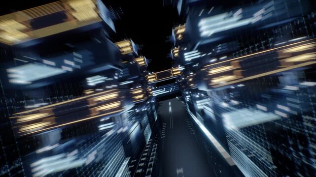Futuristic data center cluster with server infrastructure and high speed digital technology animation
