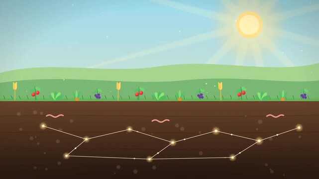 Regenerative agriculture animation showing barren soil restoration by mycelium network rain and vibrant plant life