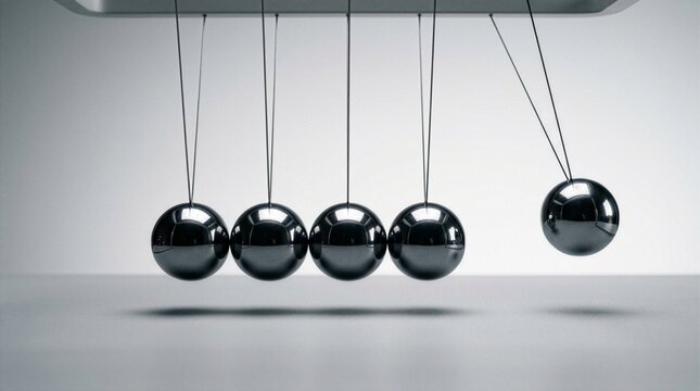 A studio shot of a classic Newton's cradle with glossy chrome balls, showing one metallic sphere swinging out to the right side against a clean white backdrop