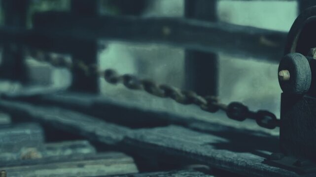 In a quiet workshop, a rusty chain hangs loosely over weathered wooden beams. The scene captures a sense of nostalgia and the passage of time, highlighting the beauty in decay.