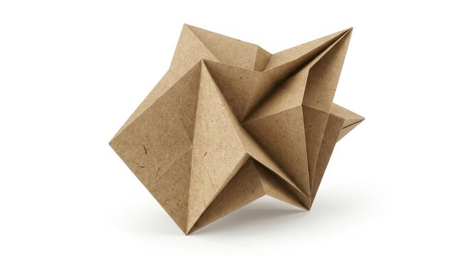 Minimalist intricate 3D geometric origami sculpture crafted from brown recycled kraft paper with natural textured fiber, featuring sharp folds and angular polyhedral facets, isolated on a clean white