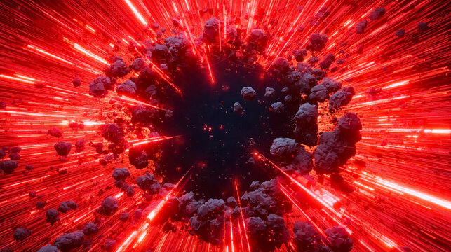Sci-fi hyperspace warp speed portal with asteroids, red energy burst gaming background