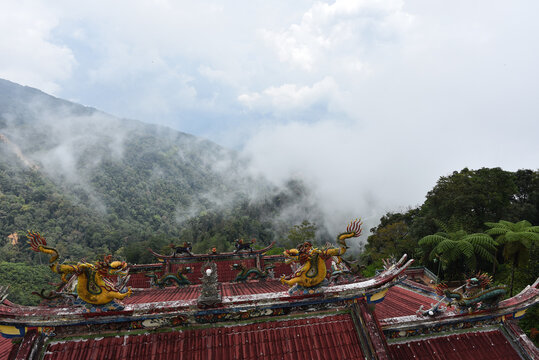 Chinese Temple Rooftop with Dragon Sculptures and Misty Mountains at Chin Swee Caves Temple, Genting Highland, Malaysia.`