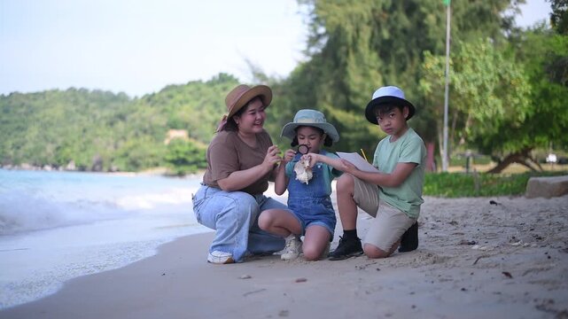 Group of teacher and school children on ecotourist trip and binoculars learning show beach take care of environment.