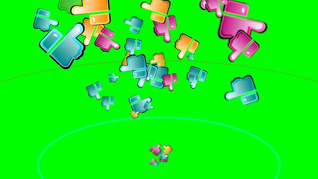 Dynamic 4K 60fps 3D thumbs up reaction vortex exploding upward from the center bottom, spiraling outwards toward the viewer with glowing neon shockwav.