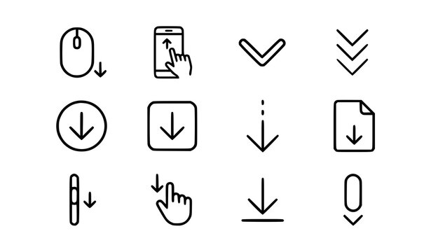 Thin line scroll down icons set in black outline with mouse wheel swipe gesture and chevron arrows for landing page and web design