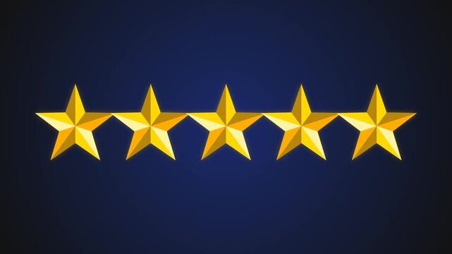 Five golden stars forming a row rating review animation on blue background