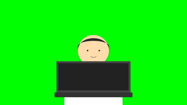 Cute cartoon character typing on a laptop computer animation