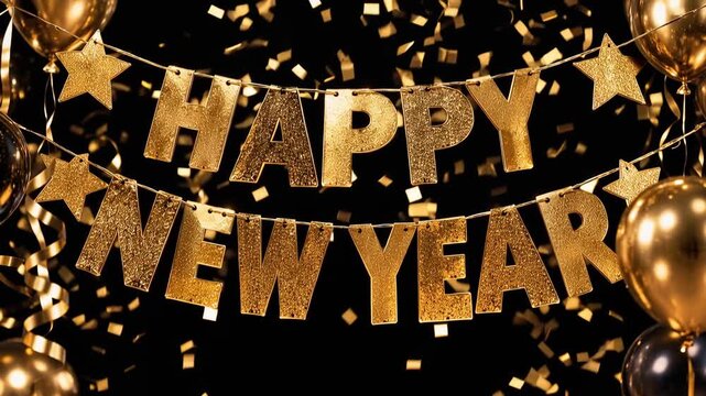 Happy New Year celebration with sparkling gold glitter letter banner, golden stars, metallic balloons, falling confetti and curling ribbons on elegant black background
