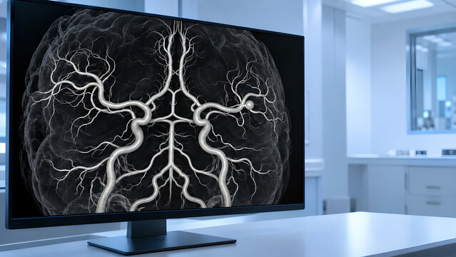 Cerebral aneurysm in brain vessels shown on a radiology monitor with grayscale angiography in a clean hospital for neurovascular healthcare communication, medical education, and patient awareness