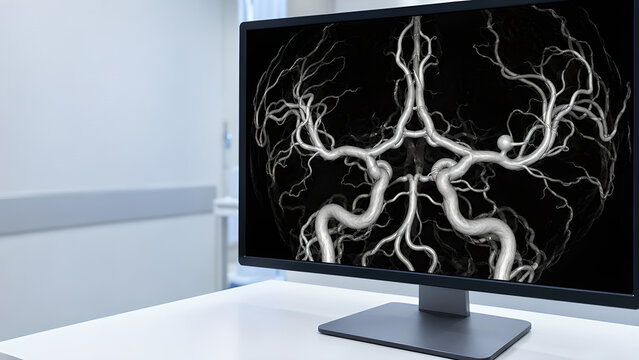Cerebral aneurysm in brain vessels shown on a radiology monitor with grayscale angiography in a clean hospital for neurovascular healthcare communication, medical education, and patient awareness