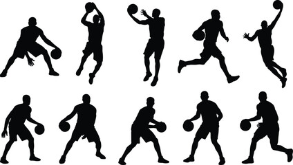 Basketball player silhouettes collection, athletes dribbling jumping dunking shooting vector set © Jarin