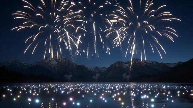 Magical Midnight Fireworks Over Mountains - A stunning display of colorful fireworks illuminates the night sky above majestic mountains, reflecting beautifully on the calm waters below.