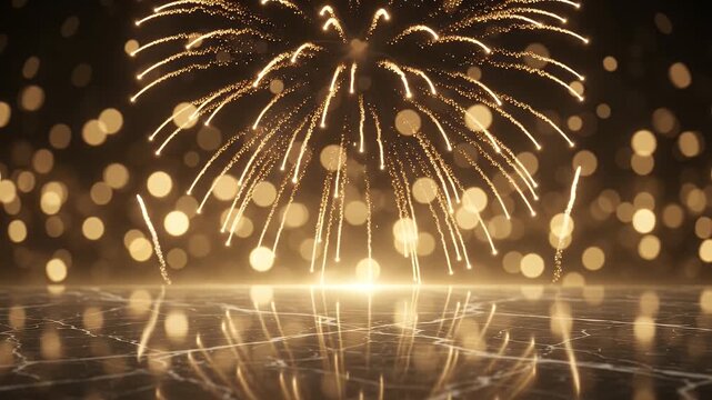 Golden Sparkler Firework Explosion on Reflective Surface - A spectacular golden firework explosion illuminates the scene with bright sparks raining down.