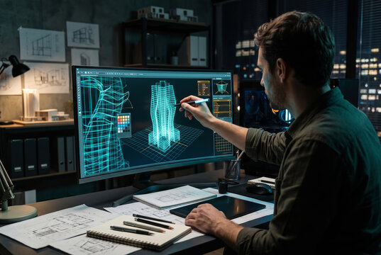 Architect Designing Parametric 3D Skyscraper Digital Workspace