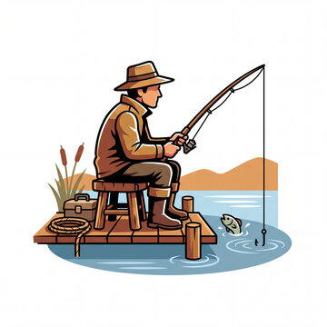 Fisherman sitting on a wooden pier catching a fish cartoon vector