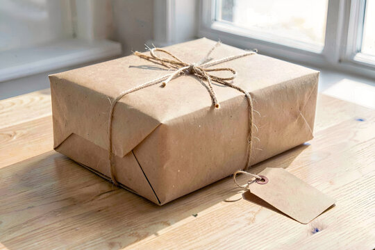 Kraft parcel tied with twine on a light wooden tabletop with a tag