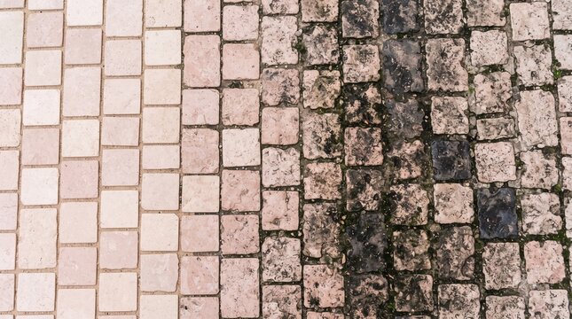 Cairo historic basalt street block texture transitioning from clean dark volcanic stone to desert-dusty Middle Eastern pavement