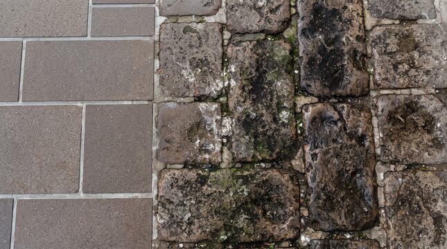 Reykjavik basalt lava aggregate concrete pavement texture transitioning from clean grey mix to grimy Icelandic urban surface