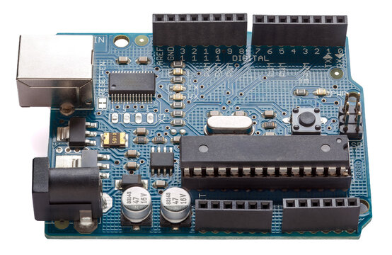 Microcontroller development board electronic prototyping hardware with usb port and power jack for embedded systems and robotics engineering projects