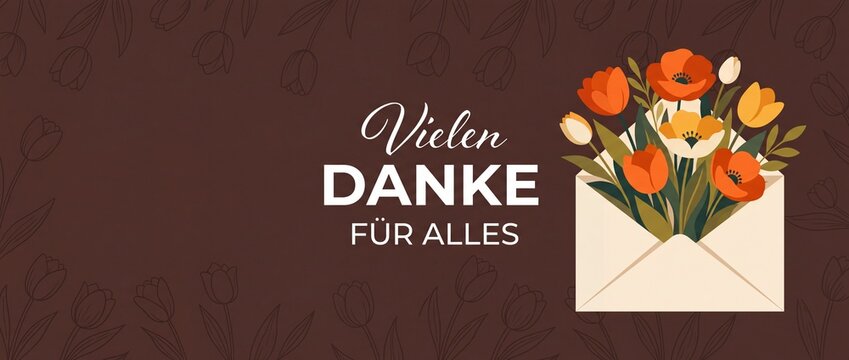 Vielen Danke floral envelope banner with spring tulips card layout for appreciation and gratitude background, horizontal thank you graphic header with copy space for Muttertag and thanksgiving design