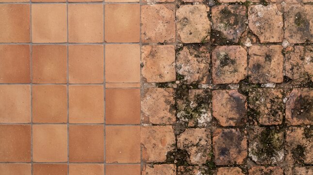 Singapore flamed granite plaza slab texture transitioning from clean new grey stone to subtle grimy tropical pavement