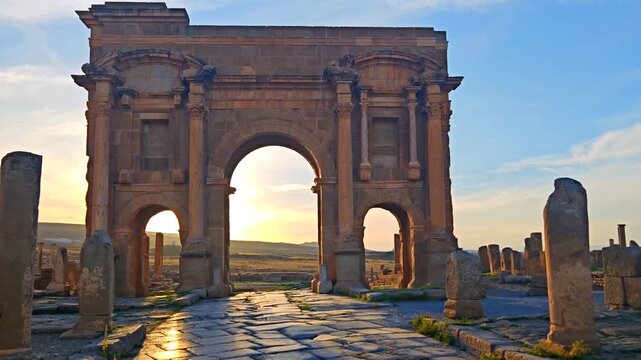 Trajan's Triumphal Arch and Ancient Roman Ruins of Timgad Archaeological Site in Batna, Algeria