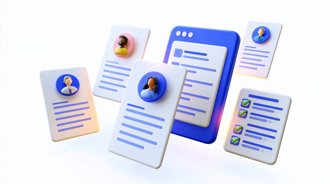Clean 3d render of a floating hr platform interface with candidate profile cards an automated screening panel and a resume approval checklist AI human resource recruitment