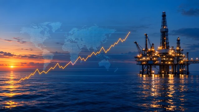 Illuminated offshore petroleum drilling rig at twilight overlaid with glowing global map and rising economic chart indicating international energy sector profits