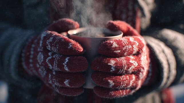 red mittens holding steaming hot cocoa,