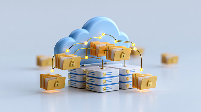 Clean 3d render of interconnected folders and secure cloud servers forming an online documentation database on a light background online documentation database interconnected