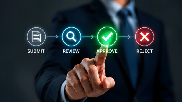 Businessman interacting with a futuristic holographic workflow approval interface by touching the screen to confirm a document submission review and approval