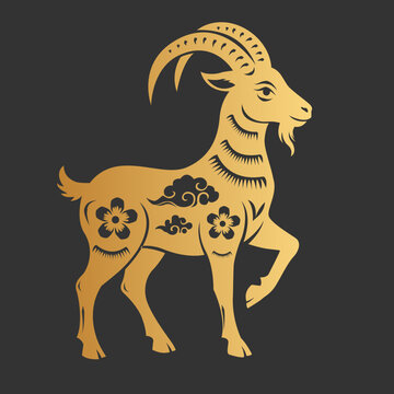 Golden Chinese Zodiac Goat Illustration on Dark Background