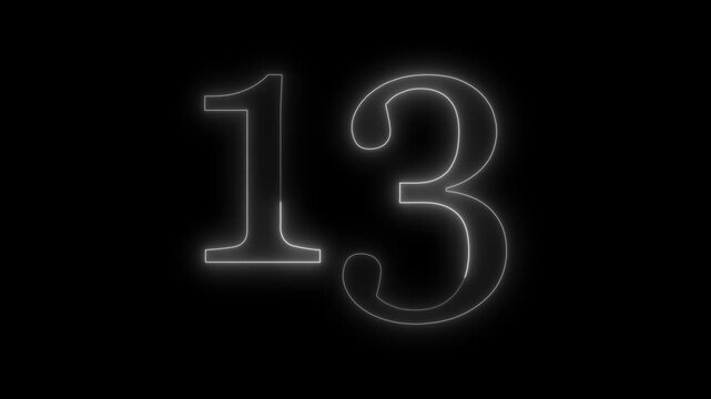 Minimalist white neon glowing number thirteen isolated on a solid black background for