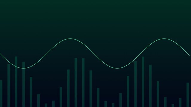 A flowing light blue sine wave line positioned above a series of vertical bar graph columns on a dark teal background, for data visualization