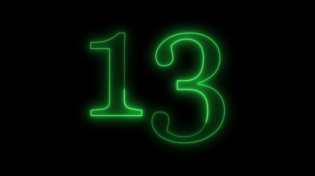 Bright neon green glowing number thirteen isolated on a solid black background for digital