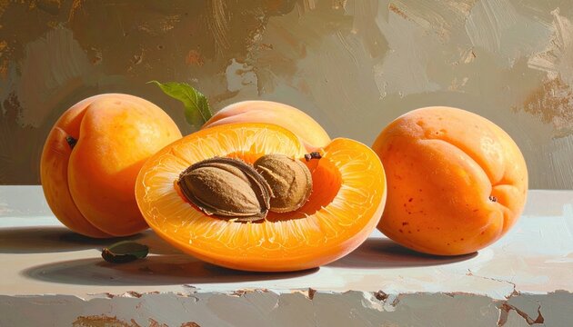 Whole apricots beside halved fruit with visible seed
