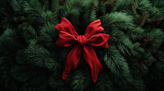 red ribbon bow on green pine wreath,