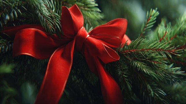 red ribbon bow on green pine wreath,