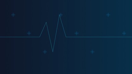 Fototapeta premium A blue heartbeat line graph on a dark blue background, with small plus, signs scattered around, representing medical or, health monitoring data