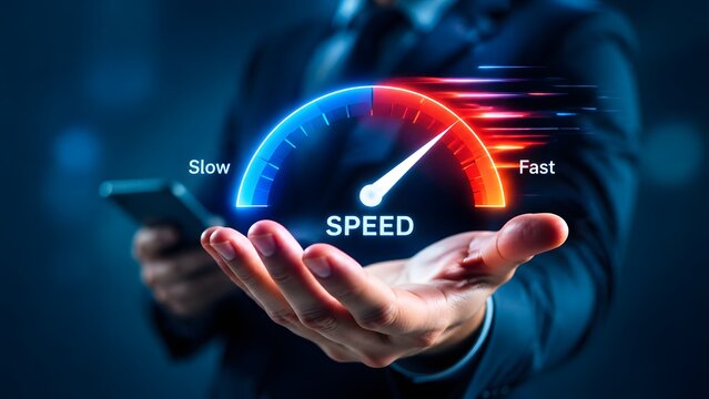 Businessman hand holding a glowing neon speedometer interface showing speed levels from slow to fast representing performance monitoring and efficiency metrics.