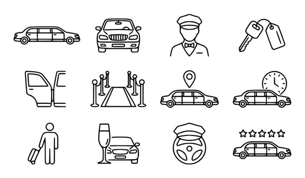 Thin line limousine and chauffeur service icons set in black outline with car key red carpet and location pin for luxury transport design