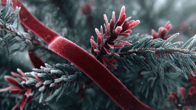 red ribbon tied around frosty pine branch,